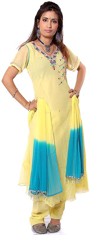 Canary-Yellow Flair Salwar Kameez with Embroidered Beads