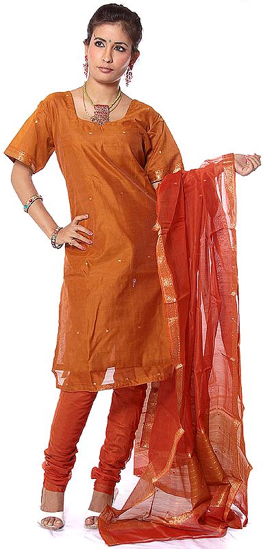 Brown Chanderi Choodidaar Suit with Golden Woven Bootis