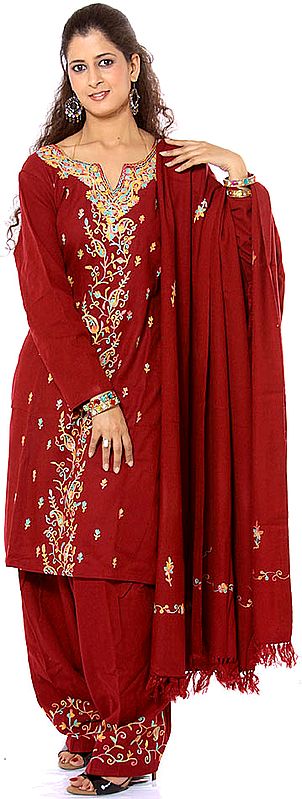 Maroon Kashmiri Salwar Kameez with Aari Embroidered Flowers