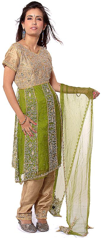 Old-Gold and Green Anarkali Suit with Embroidered Beaded and Sequins