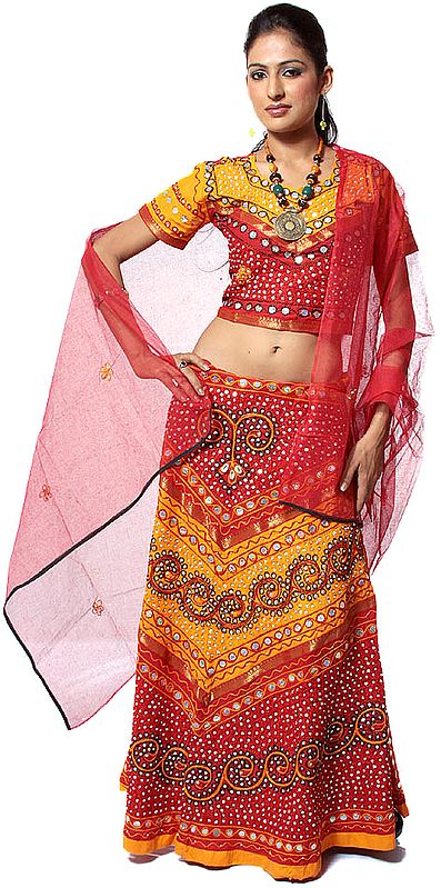 Amber and Red Chaniya Choli from Gujarat with Large Sequins