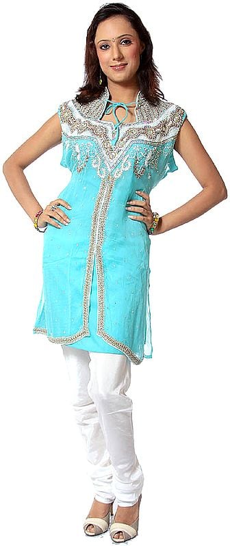 Sky-Blue Choodidaar Two-Piece Suit with Hand-Embroidered Beads