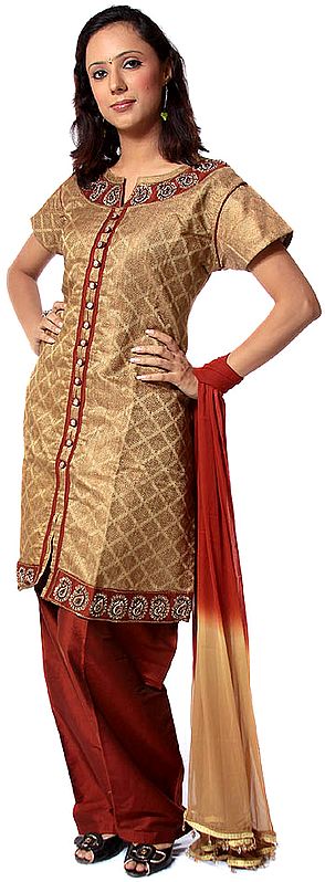 Beige Kameez with Auburn Parallel Salwar and Embroidered Paisleys