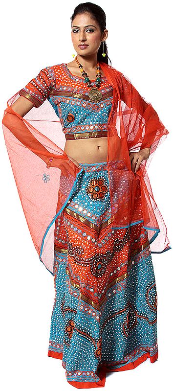 Turquoise and Orange Chaniya Choli from Gujarat with Large Sequins