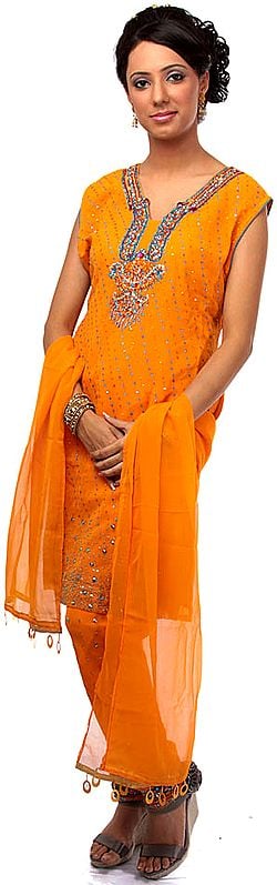 Orange Chudidar Suit with Multi-color Beadwork and Sequins