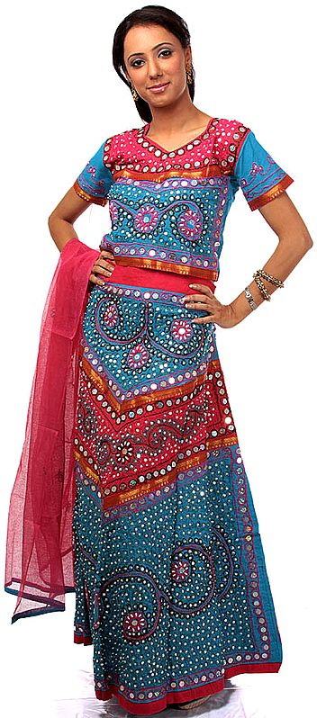 Fuchsia and Turquoise Chaniya Choli from Gujarat with Large Sequins