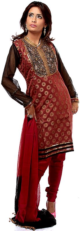 Burgundy Brocaded Choodidaar Suit with Antique Embroidery at Neck