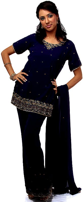 Navy-Blue Parallel Suit with Antique Beadwork