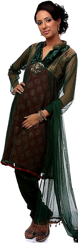 Green Brocaded Chudidar Suit with Velvet and Sequins Embroidered as a Flower