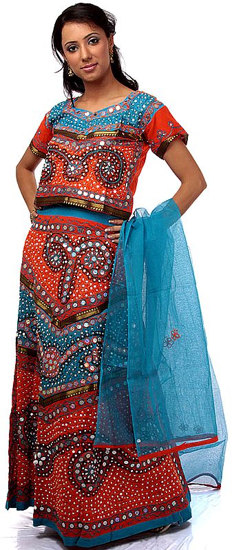 Orange and Turquoise Chaniya Choli from Gujarat with Large Sequins
