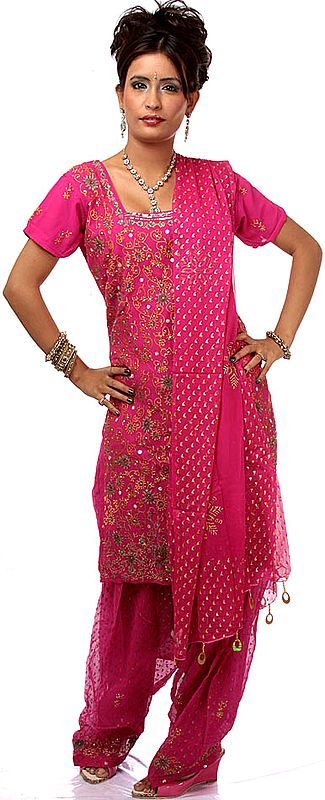 Fuchsia Salwar Kameez Suit with Painted Bootis and Embroidered Sequins
