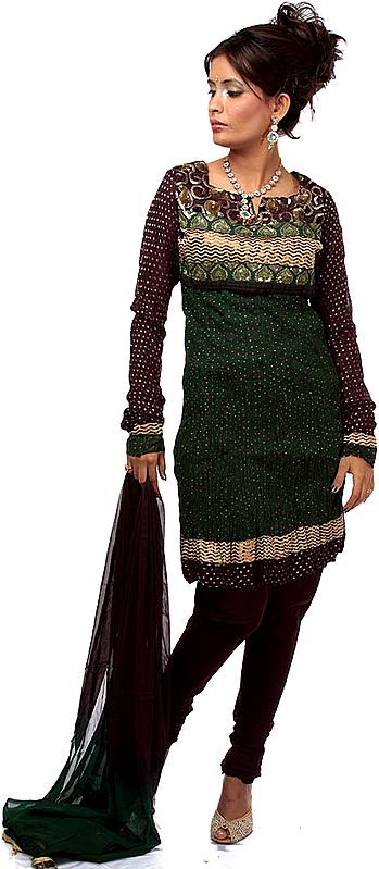 Deep-Purple and Green Wrinkled Designer Choodidaar Suit with Patchwork and Embroidered Sequins
