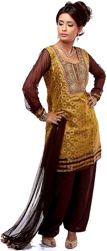 Brown Brocaded Choodidaar Suit with Antique Embroidery at Neck