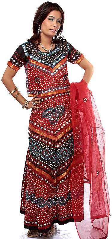 Red and Black Chaniya Choli from Gujarat with Large Sequins