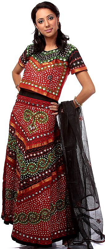 Red and Black Lehenga Choli from Gujarat with Large Sequins and Embroidery