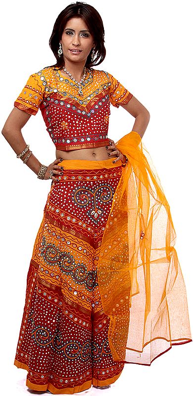 Amber and Red Lehenga Choli from Gujarat with Large Sequins and Embroidery