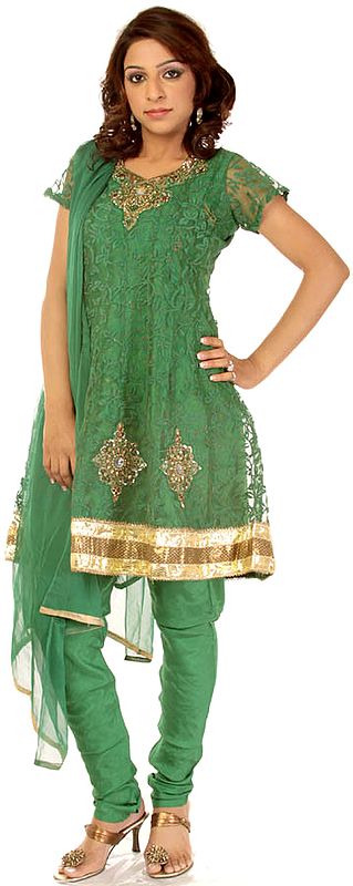 Green Choodidaar Suit with Antique Embroidery and Sequins
