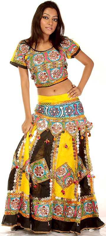 Yellow Ghagra Choli from Kutch with Large Sequins