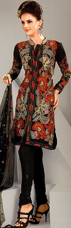 Anthracite Black Designer Choodidaar Kameez Suit with Crewel Embroidered Flowers and Paisleys