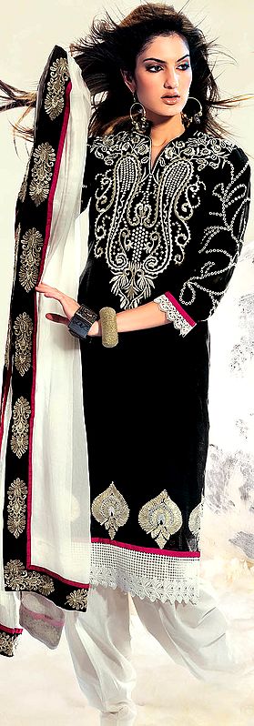 Anthracite-Black Designer Choodidaar Suit with Metallic Thread Embroidery on Neck and Crochet Border