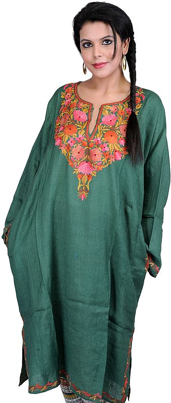 Antique-Green Kashmiri Phiran with Hand-Embroidery on Neck
