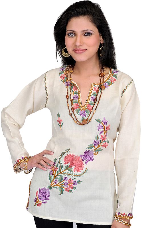 Antique-White Kurti from Kashmir with Aari Embroidered Flowers