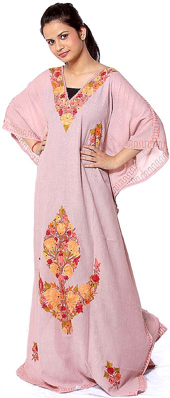 Apricot Kaftan from Kashmir with Aari Embroidered Flowers