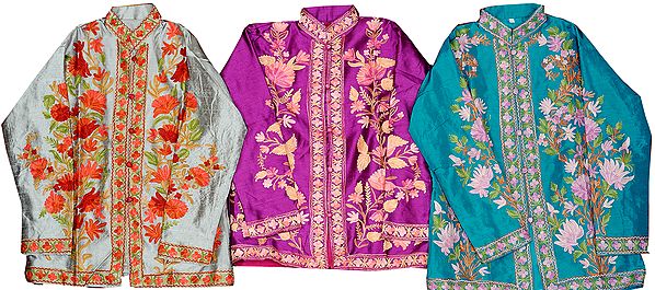 Lot of Three Kashmiri Jackets with Aari Floral Embroidery