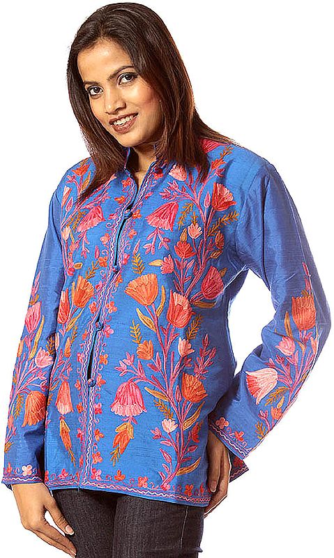 Royal-Blue Jacket with Crewel Embroidered Tulips