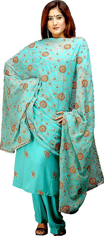 Aqua Marine Salwar Suit with All-Over Embroidery on Chiffon Dupatta