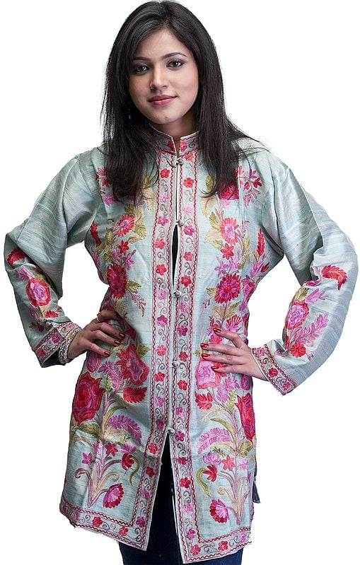 Aqua-Green Long Kashmiri Jacket with Aari Embroidered Flowers