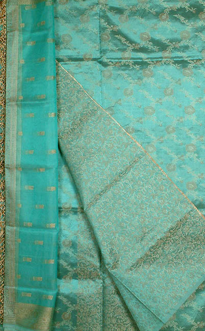 Aqua-Marine Banarasi Kora Silk Suit with All-Over Thread Weave