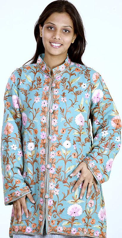 Aquamarine Jacket from Kashmiri with Floral Aari Embroidery