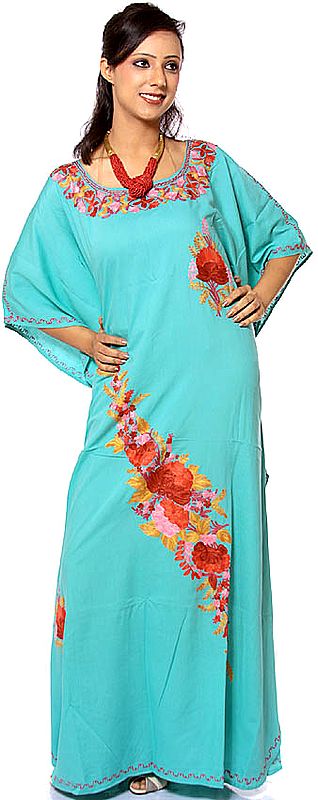 Aqua-Marine Kaftan from Kashmir with Floral Embroidery
