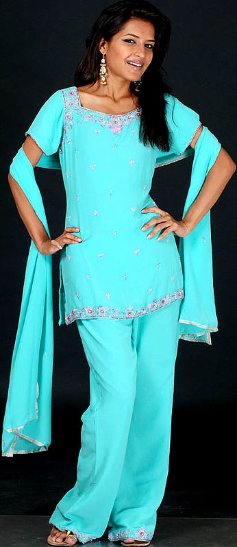 Aqua-Marine Parallel Salwar Suit with Beads and Sequins