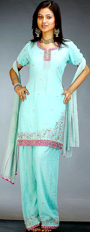 Aquamarine Salwar Kameez Suit with Mirrors and Beads