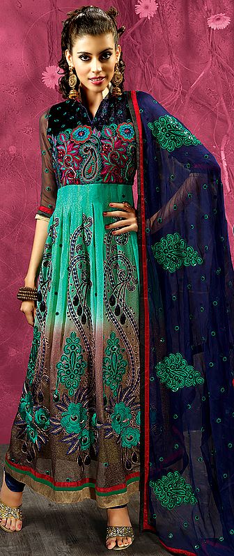 Aqua-Sea and Astral Aura Wedding Choodidaar Suit with Crewel Embroidered Flowers and Sequins