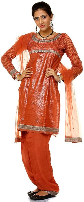 Aragon-Brown Shimmer Salwar Kameez Suit with Sequins and Threadwork