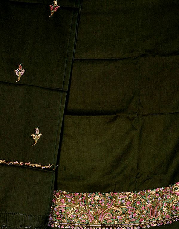 Army-Green Crewel Embroidered Suit from Kashmir with Shawl