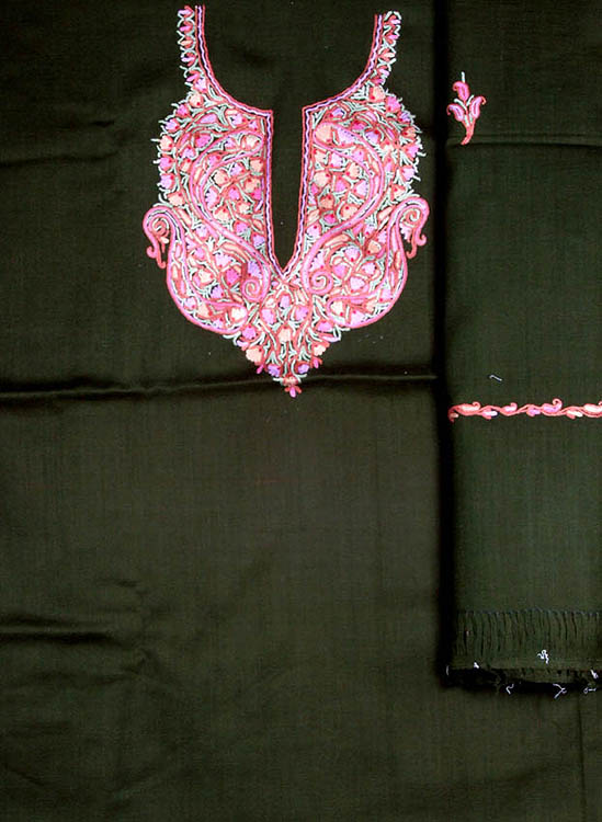 Army-Green Raffle Suit from Kashmir with Aari Embroidery and Shawl