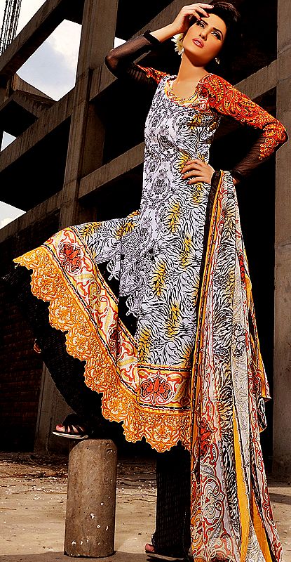 Arctic-Ice Long Printed Salwar Kameez Suit from Pakistan with Embroidered Sleeves