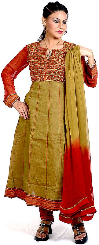 Asparagus and Maroon Anarkali Suit with Beadwork
