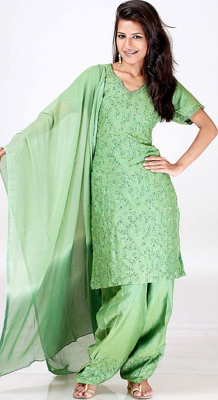 Asparagus Green Salwar Kameez from with All Over Sequins and Thread Work
