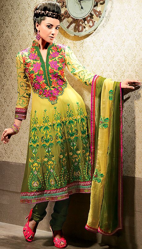 Aspen-Gold and Green Designer Choodidaar Suit with Aari Embroidered Flowers and Sequins