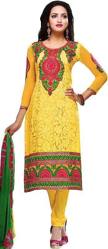 Aspen-Gold Choodidaar Kameez Suit with Embroidered Flowers on Neck and Border