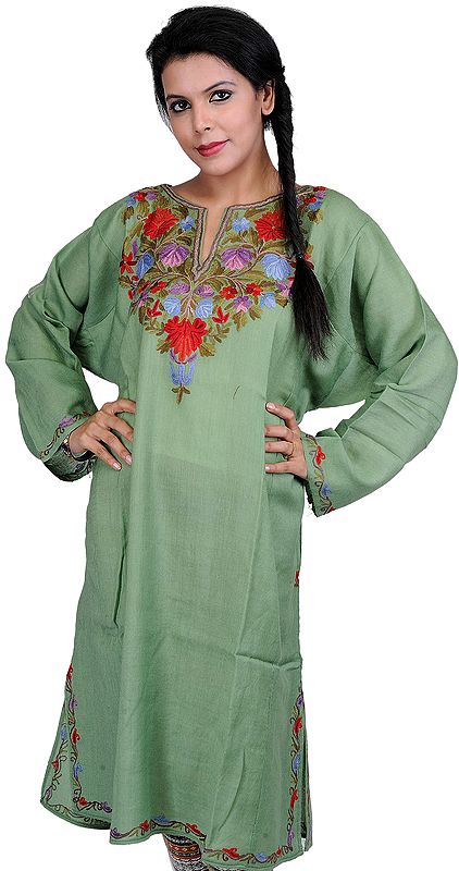 Aspen-Green Kashmiri Phiran with Hand-Embroidery on Neck