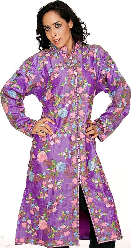 Aster-Purple Long Silk Jacket with Phulkari Embroidery All-Over