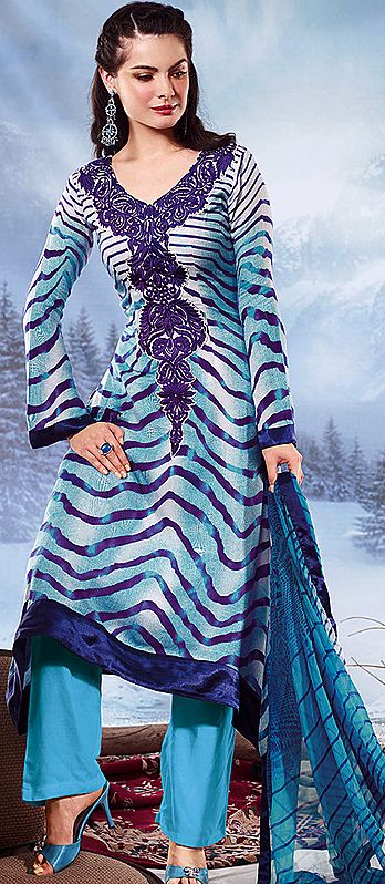 Astral Aura-Blue Long Salwar Kameez Suit with Embroidery on Neck and Printed Tiger Stripes