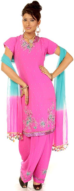 Fuchsia Salwar Kameez Suit with Embroidered Beads and Sequins