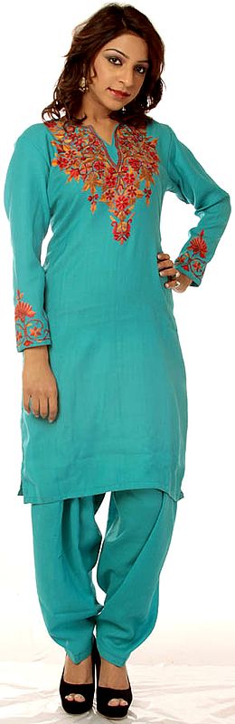 Turquoise Two-Piece Kashmiri Salwar Kameez with Hand Embroidered Flowers